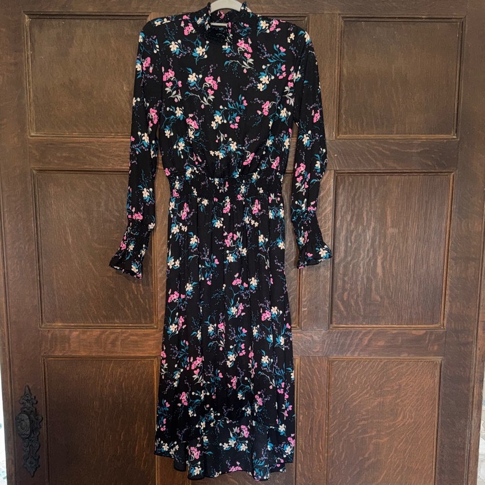 Sz 6 Black Floral Long-Sleeve Midi Dress with Blossom Print Nanette Lepore